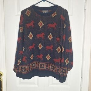 Panhandle Slim Navy and Red Horse Pattern Crewneck Sweater Vintage